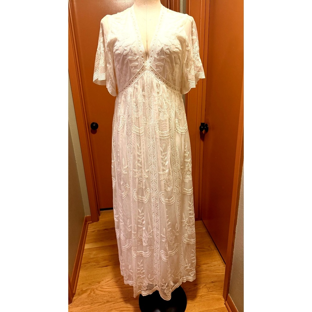 maxi length lace embroidered dress by Pink Blush. Great for wedding, graduation